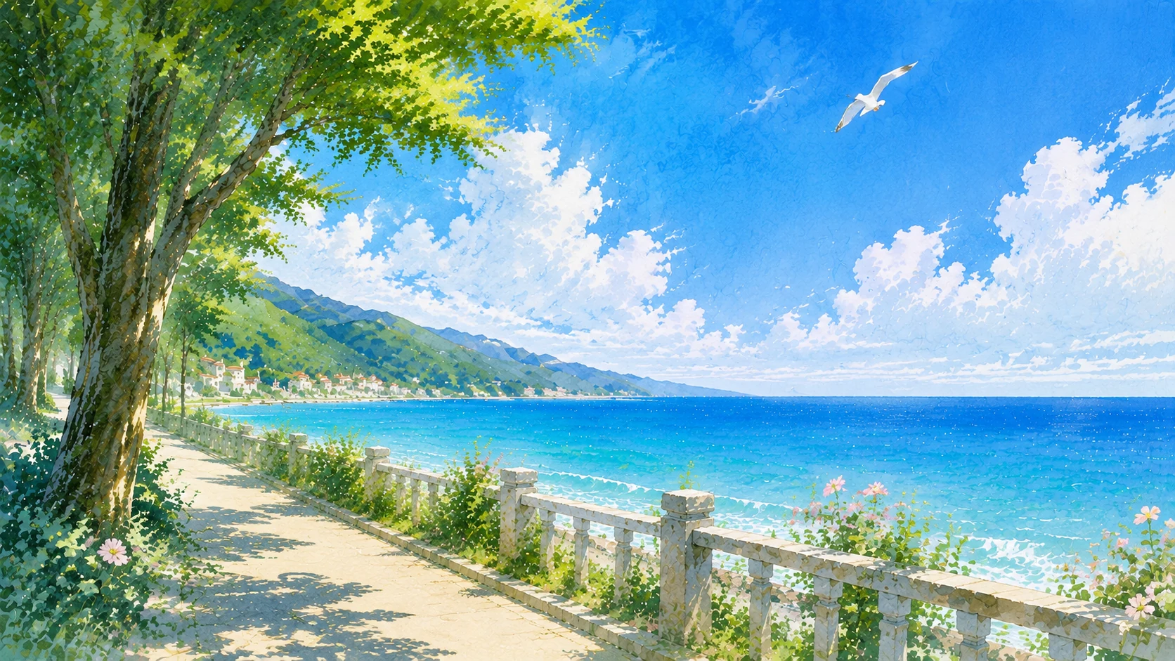 树荫覆盖的海边小路通向远处，海面明亮开阔。