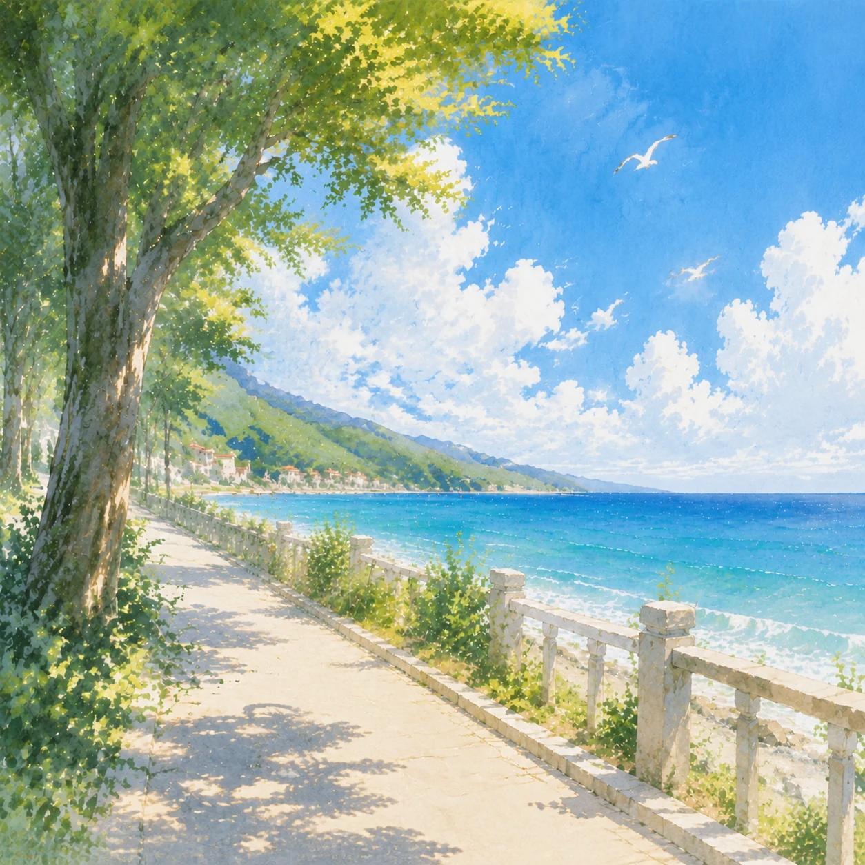 盛夏树荫下，一条明亮的海边步道伸向远方。